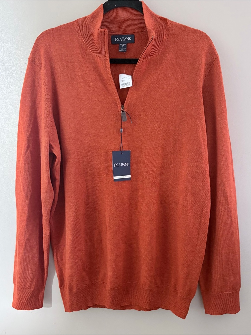 Jos. A. Bank 100% Merino Wool Quarter Zip Sweater Mens Large Burnt Orange NWT